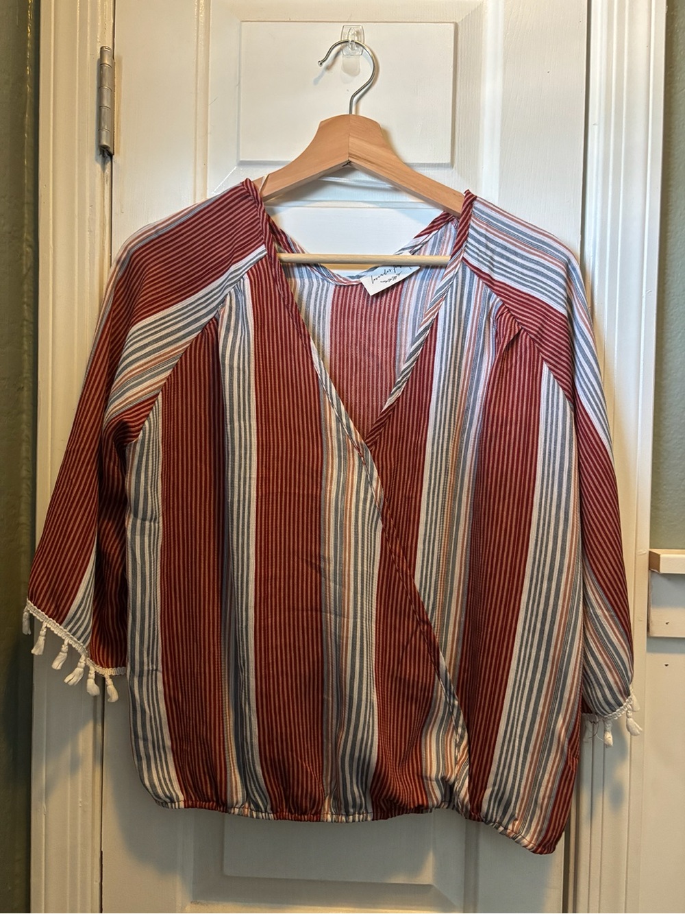 Lavender Field Large Striped Boho Wrap Blouse Tassel Sleeve Top